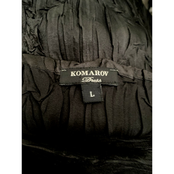 Komarov Dress Midi Black Short Sheer Sleeve Fit Flare Satin V Neck Solid L - Picture 7 of 8